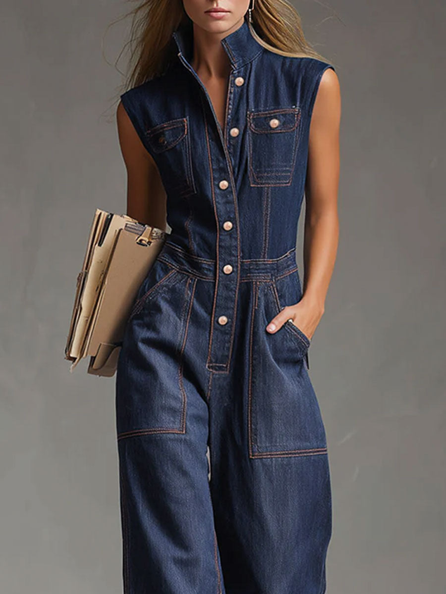 Casual Retro Multi-pocket Topstitching Dark Blue Denim Sleeveless Balloon Jumpsuit