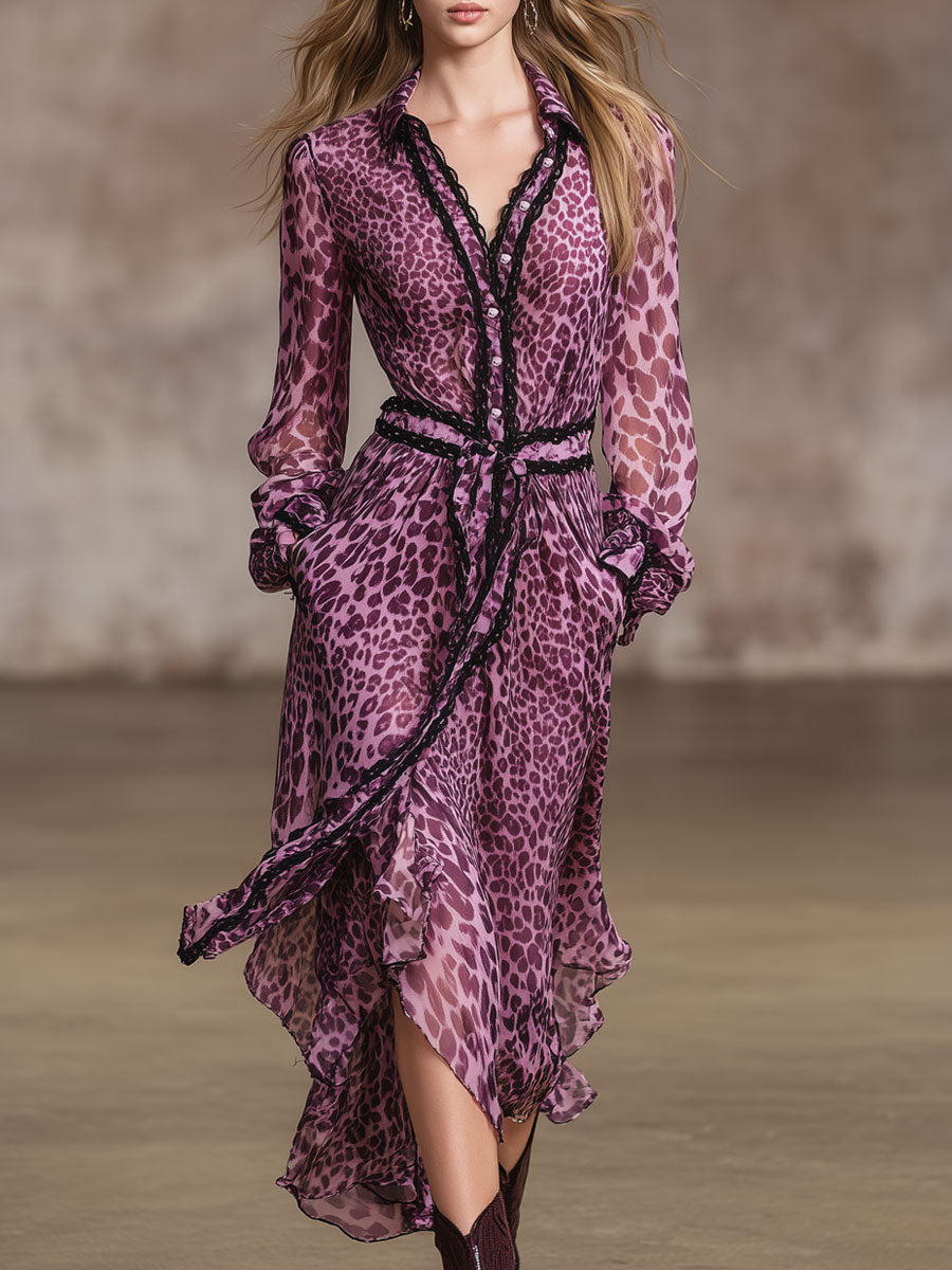 Retro Vacation Pinkish-purple Chiffon Leopard Print Lace-trimmed Long-sleeved Dress