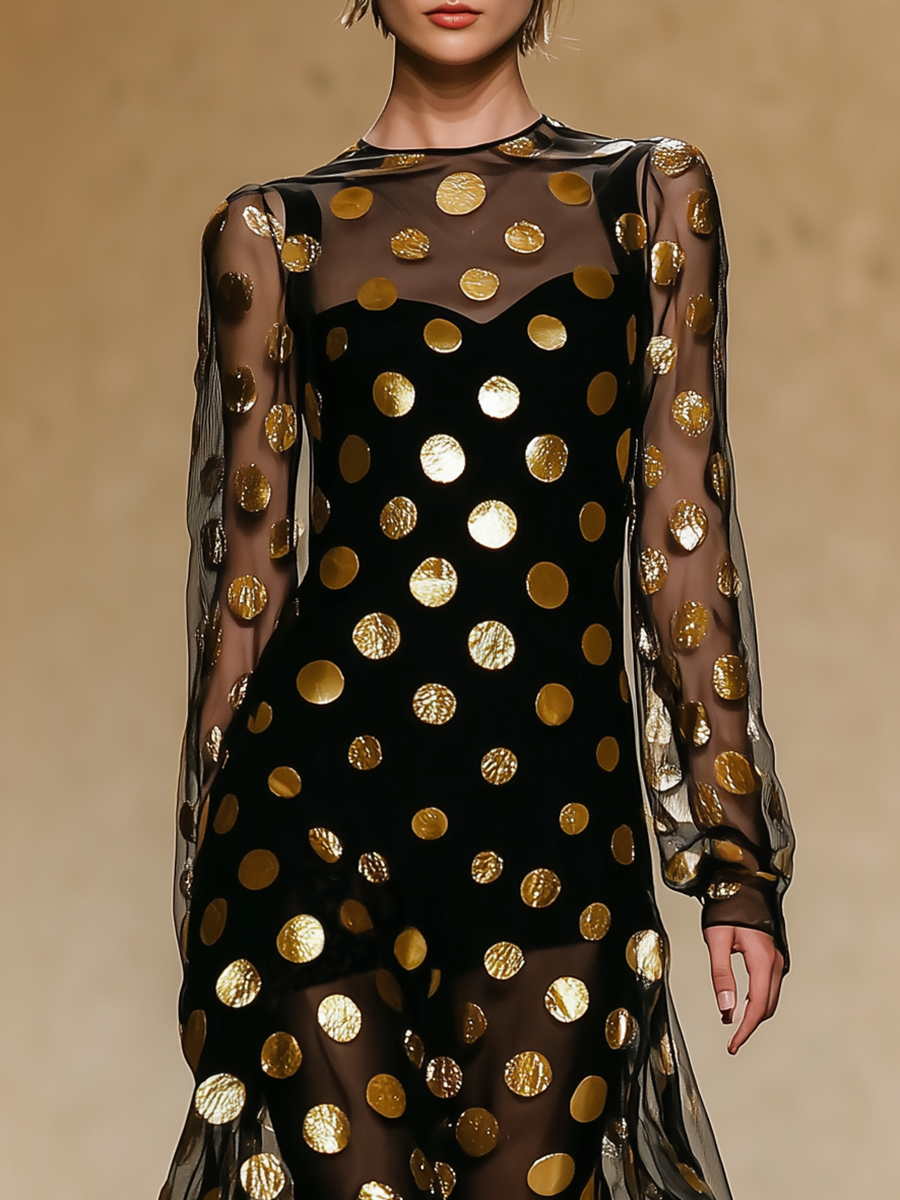 High-end Chic Gold Polka Dot Black Chiffon Maxi Dress