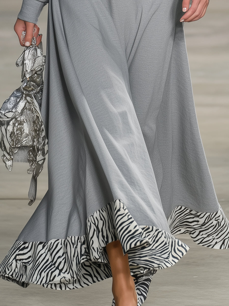 Stylish Grey V-neck Patchwork Zebra Print Dress