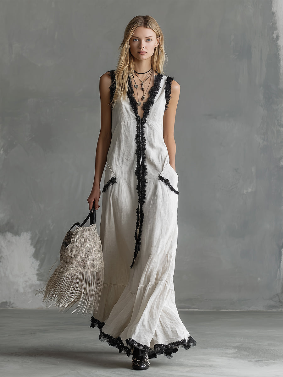Elegant Urban Style Lace-trimmed White Cotton And Linen Sleeveless Maxi Dress
