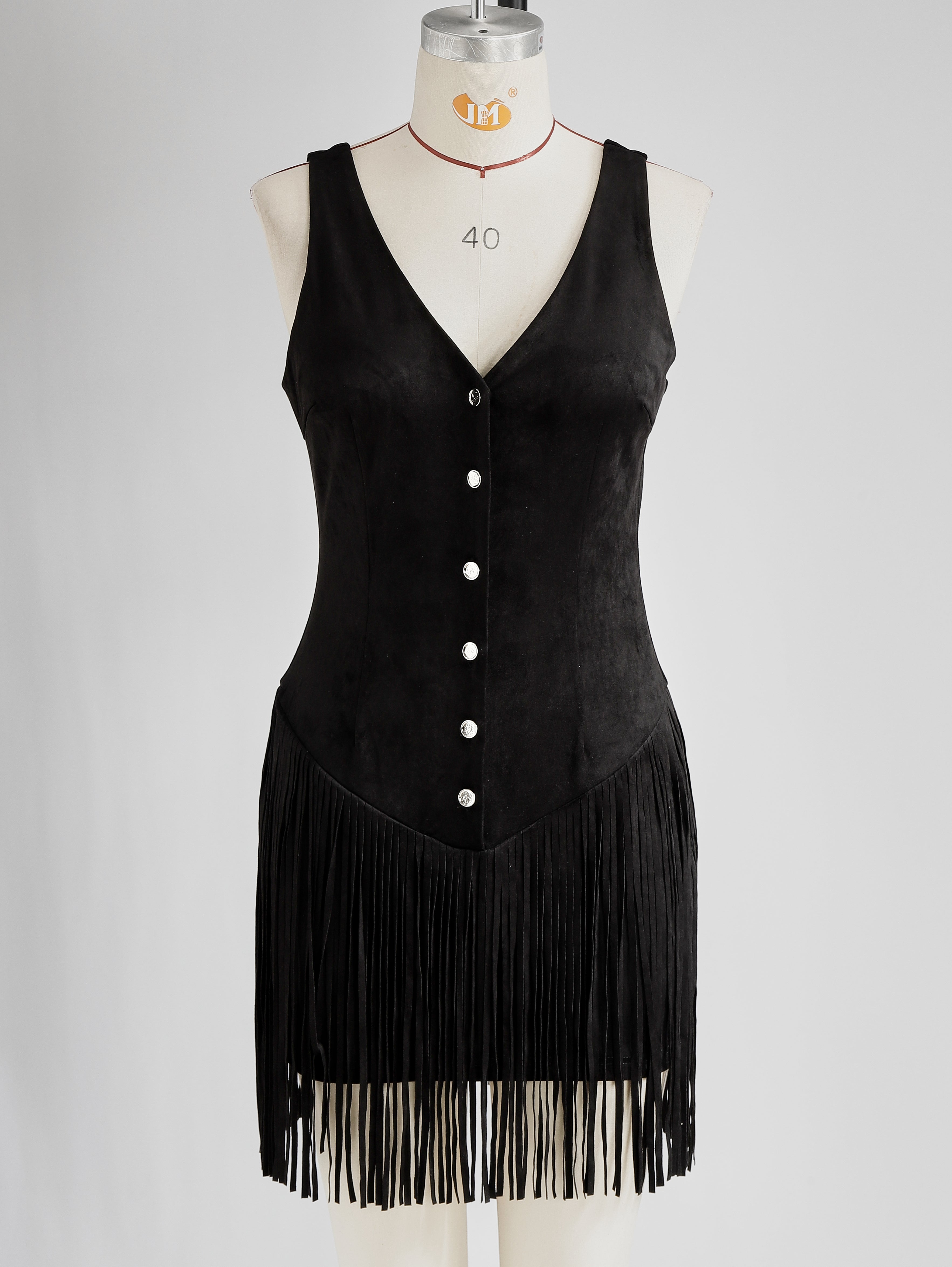 Western Retro Tassel Black Sleeveless V-Neck Faux Suede Mini Dress