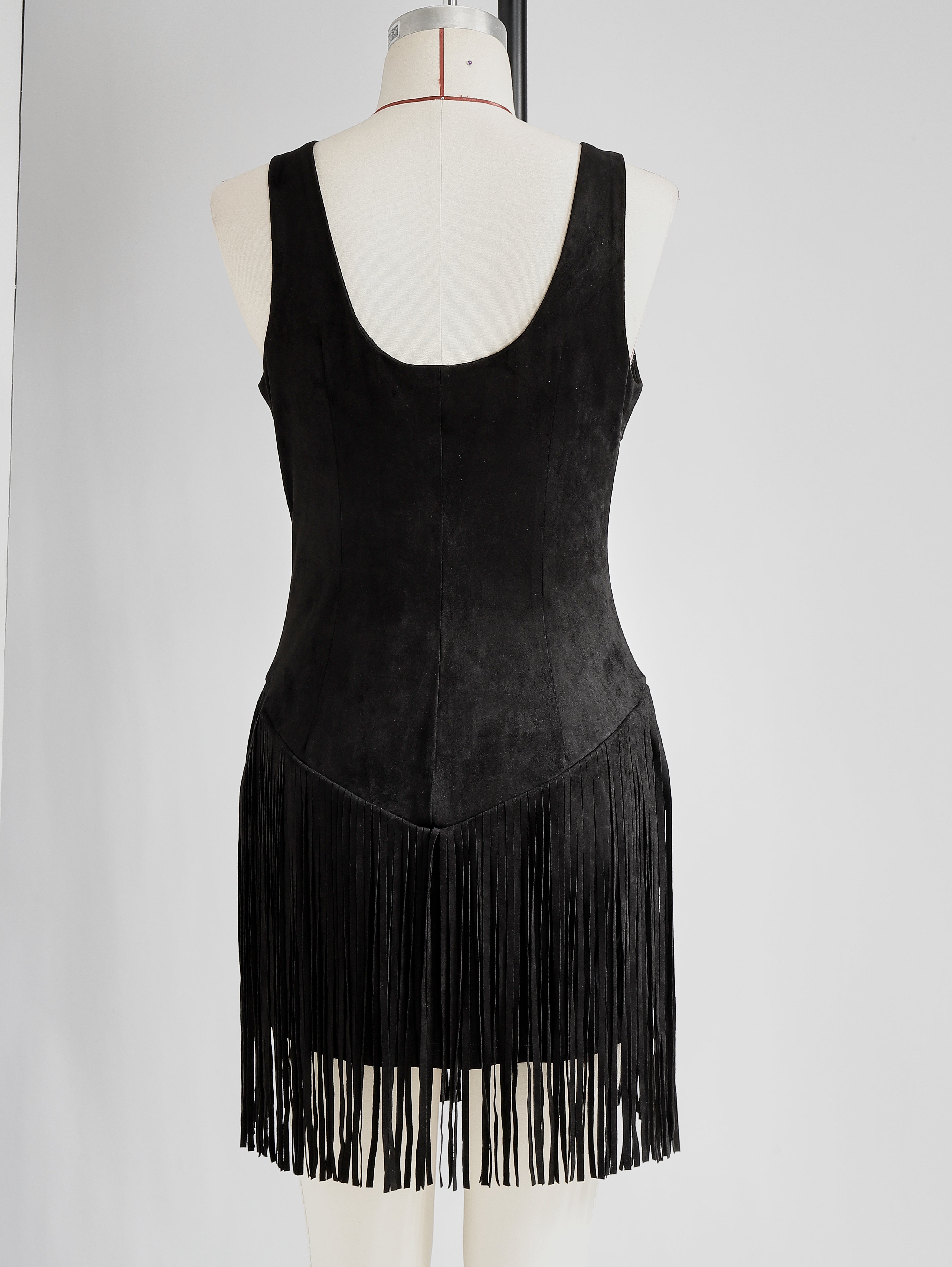 Western Retro Tassel Black Sleeveless V-Neck Faux Suede Mini Dress
