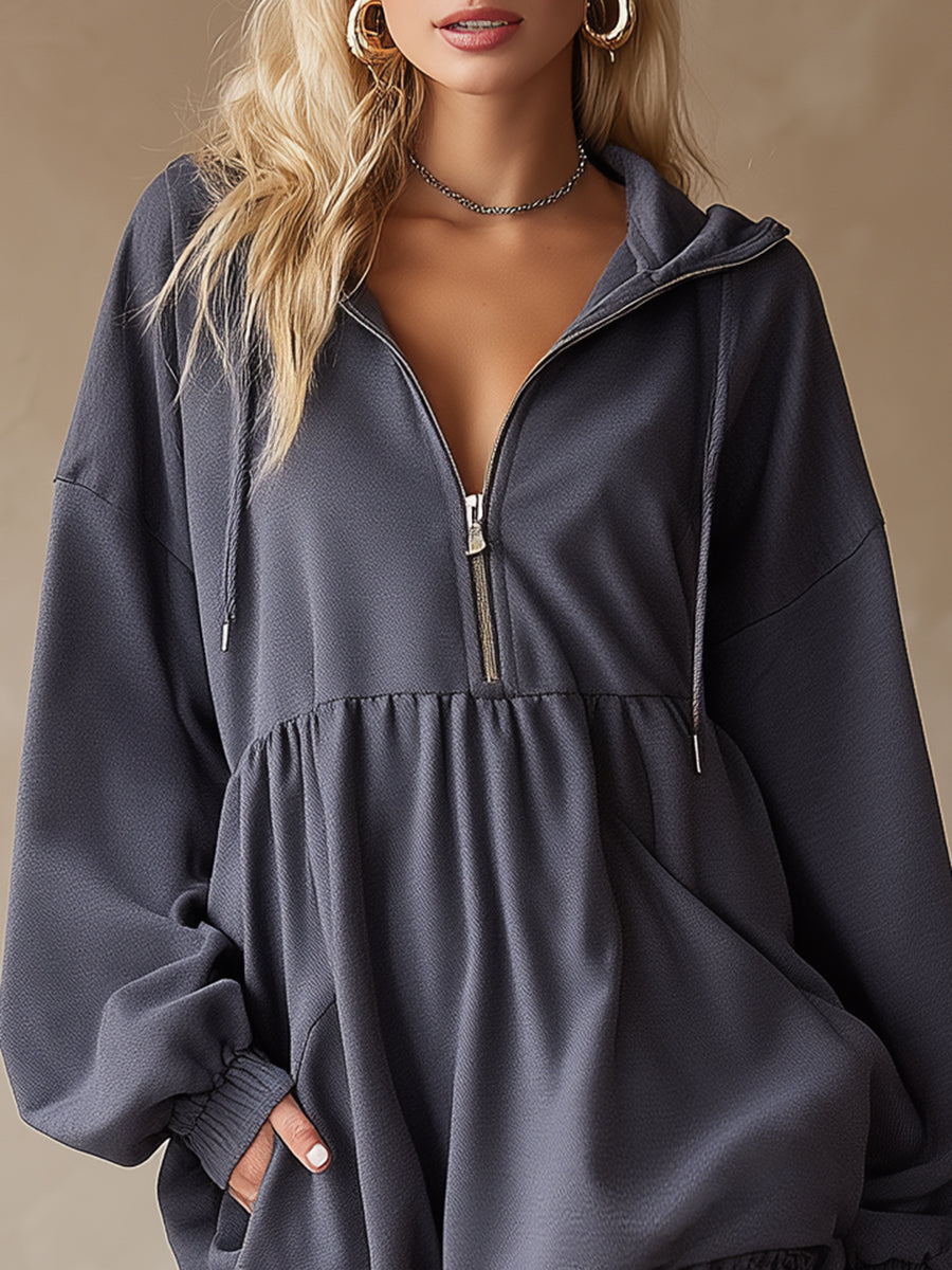 Casual Loose-fitting Zipper Gray Hooded Mini Dress