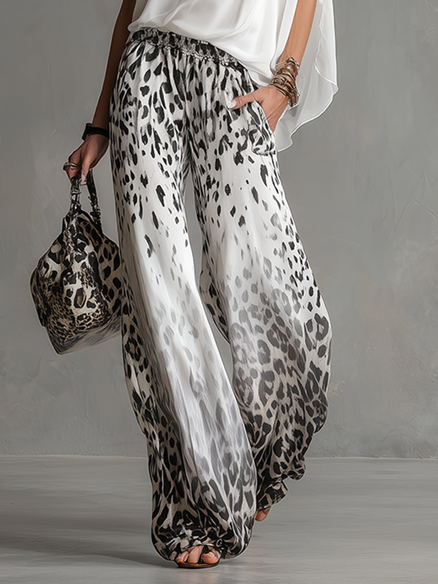 Modern And Stylish White T-shirt And Leopard Print Chiffon Pants Set