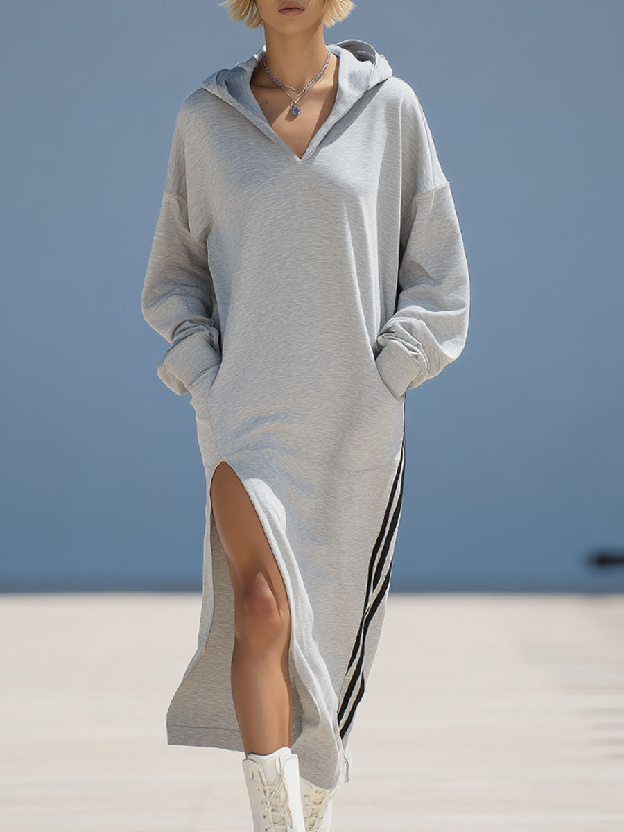 V-neck Hooded Double Pockets Side Slits Sporty Style Long-sleeved Midi Dress