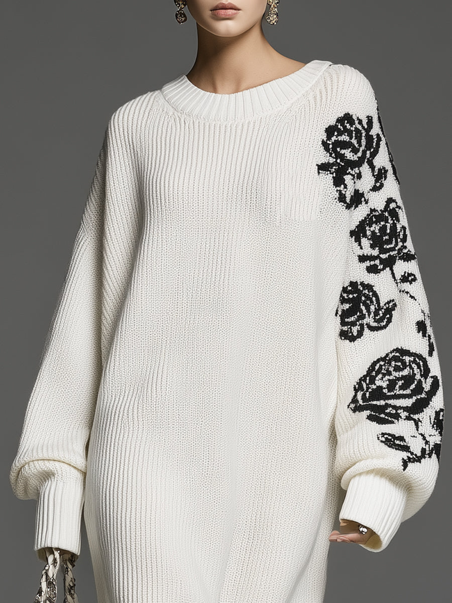 Stylish Loose-fitting Black Rose White Knit Maxi Dress