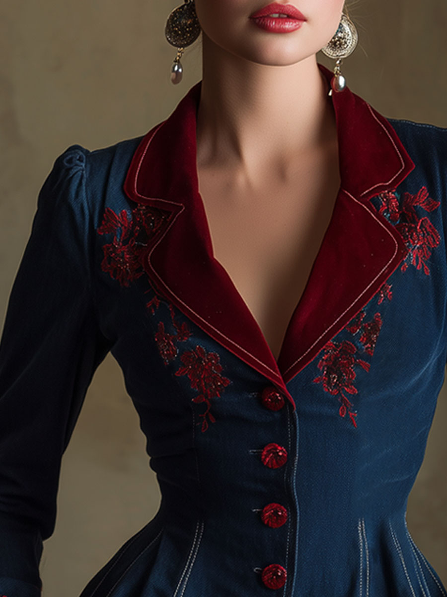 Retro Velvet Lapel Embroidered Dark Blue Denim Fitted Ruffled Blazer