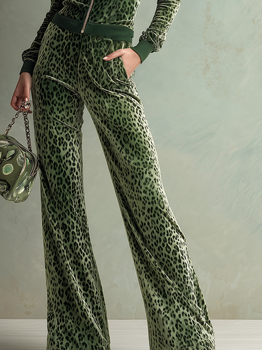 Retro Elegant Green Leopard Print Hooded Velvet Jumpsuit