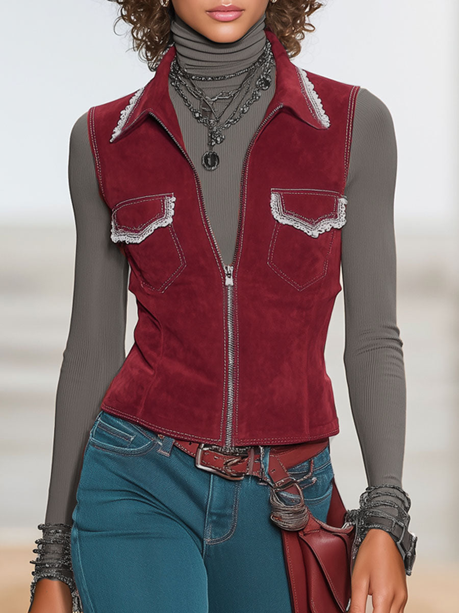 Lapel Double Pocket Lace-trimmed Zipper Faux Suede Vest