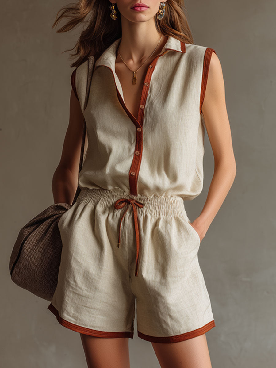 Casual Retro Brown-trimmed Beige Cotton Linen Sleeveless Shirt And Shorts Set