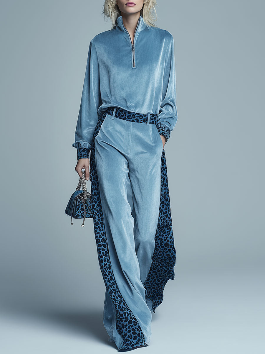 Sporty Retro Leopard Print Blue Velvet Zip-up Top And Wide-leg Pants Set