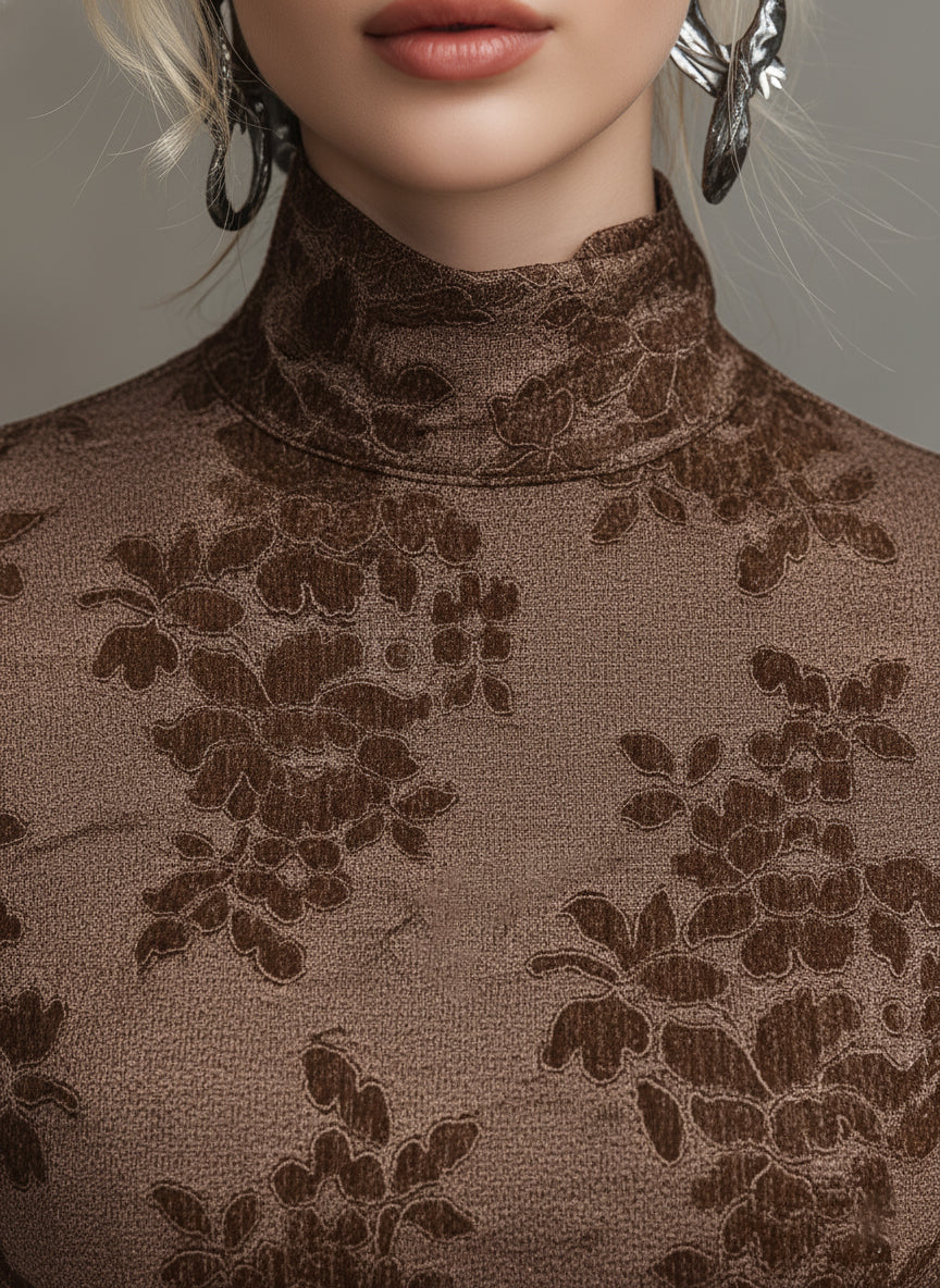 Elegant Brown 3D Floral Elastic Lace Fishtail Maxi Dress