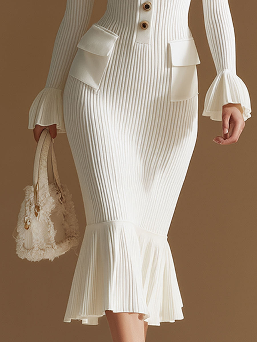 Stylish And Elegant White V-neck Knitted Button-down Midi Dress