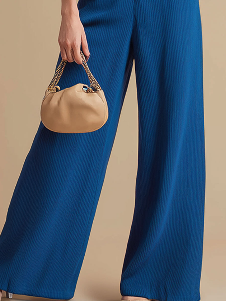 Casual And Elegant Blue Short-sleeved Button-down Top And Wide-leg Knitted Set