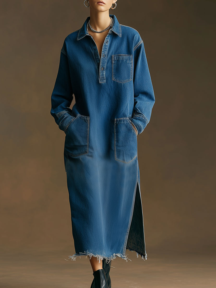 Casual Retro Frayed Slit Dark Blue Denim Long-sleeved Midi Dress