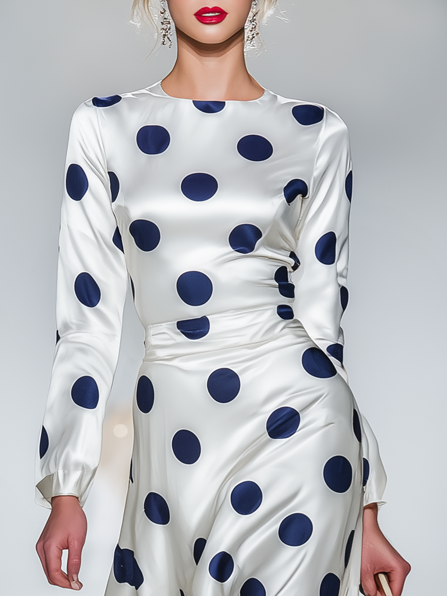 Retro Elegant Polka Dot Satin Midi Dress