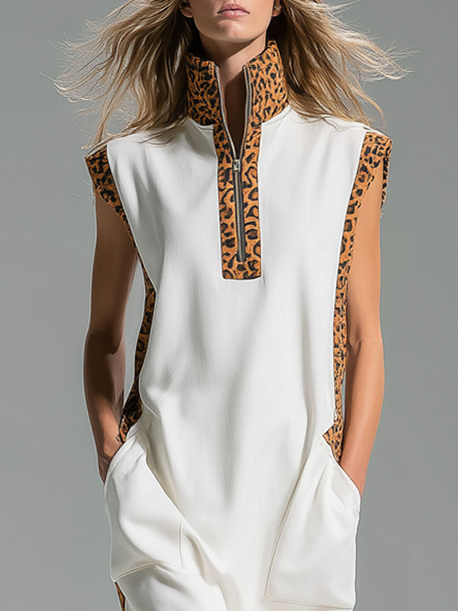 Stand Collar Leopard Print Patchwork Double Pocket Sleeveless Midi Dress