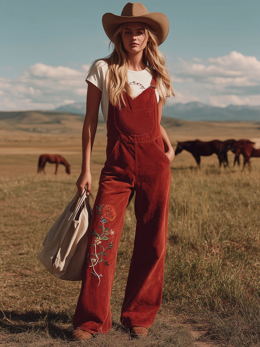 V-neck Floral Embroidered Faux Suede Overalls