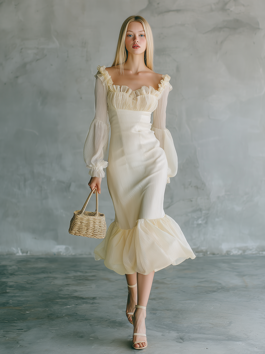 Exquisite And Elegant Square Neckline Ruffles Chiffon Midi Dress