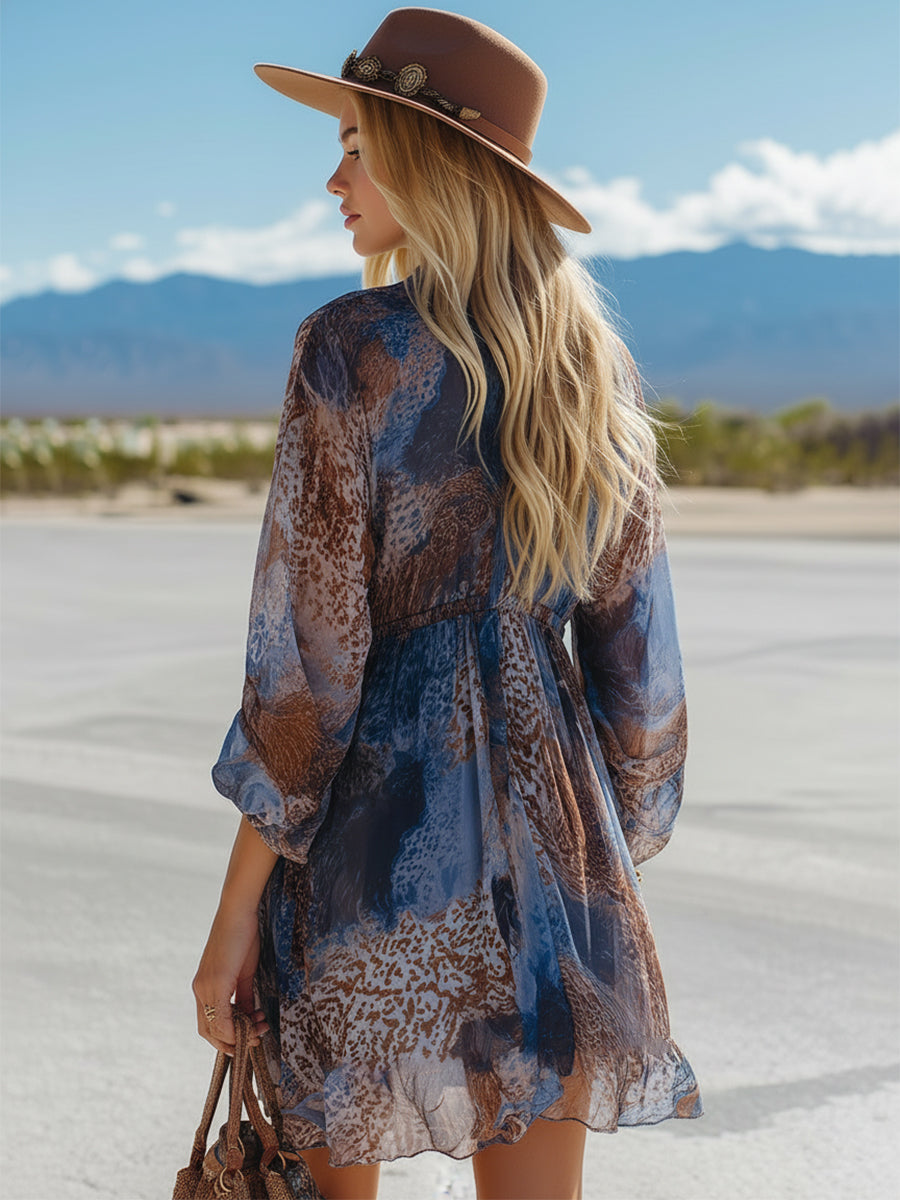 Retro Western-Style Blue Ombré Animal Print Chiffon Mini Dress