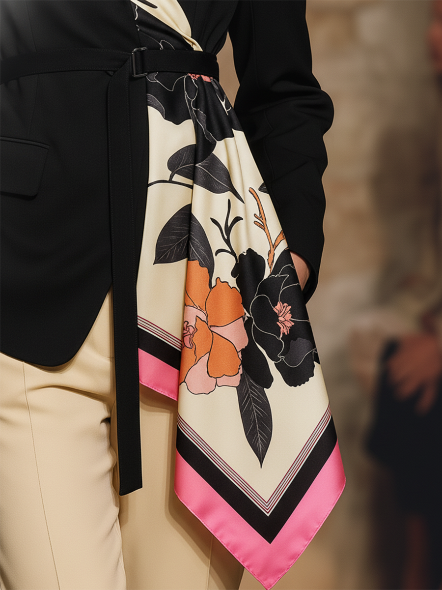 Trendy Western-style Detachable Printed Silk Scarf Black Blazer
