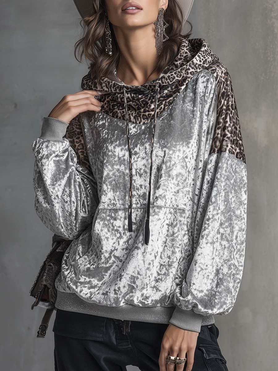 Vintage Casual Leopard Print Hooded Silver Velvet Sweatshirt