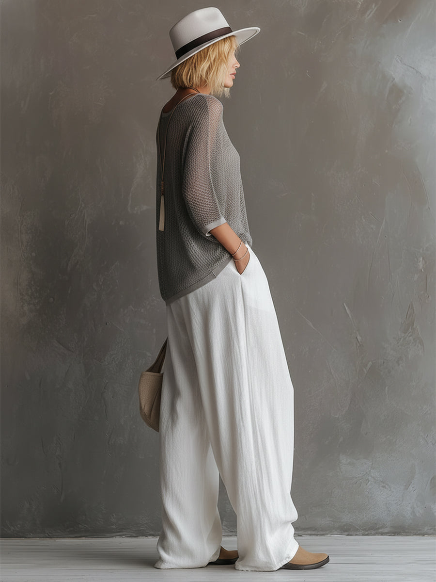 Simple Urban Gray Mesh Knit T-shirt And White Cotton Linen Wide-leg Pants Set