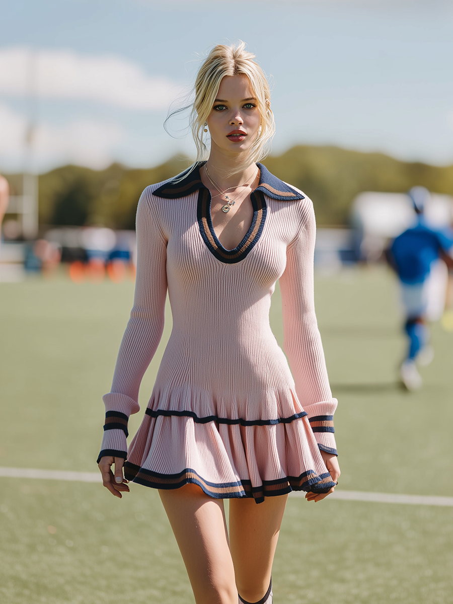 Elegant Sporty Flared Hem Pink Knit Mini Dress