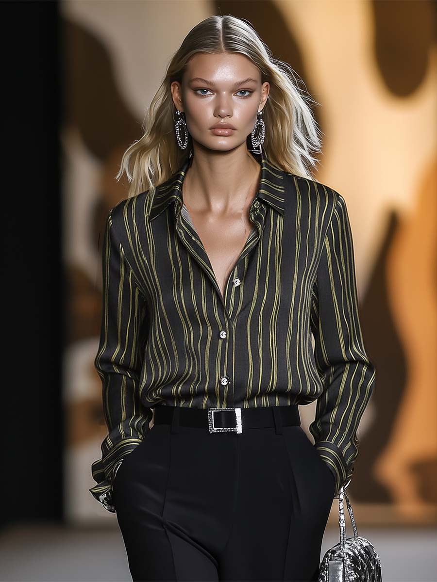Personality Fashionable And Versatile Gold Striped Black Tencel Denim Shirt