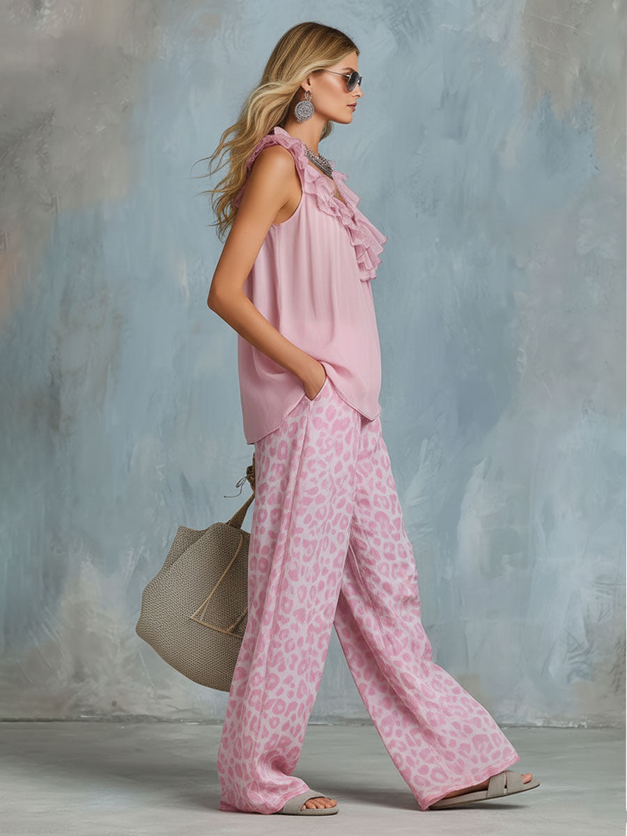 Chiffon Ruffled V-neck Sleeveless Top And Leopard Print Pants Set