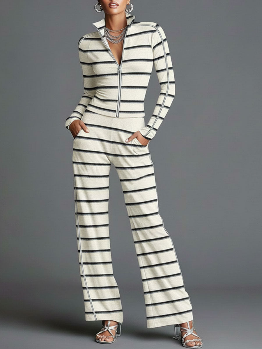 Sporty Retro Off-White Striped Knit Zipper Top And Wide-Leg Pants Set