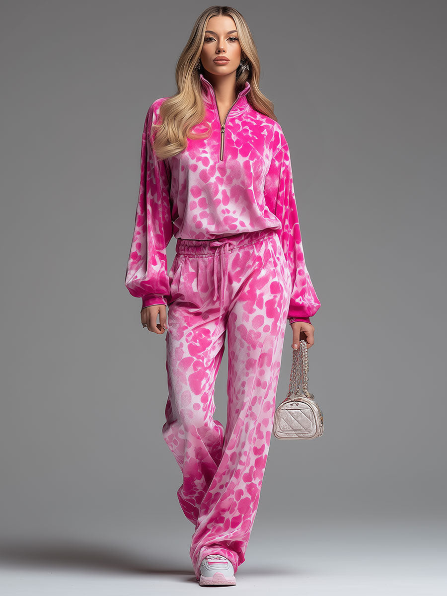 Stylish And Casual Pink Velvet Printed Top And Pants Set