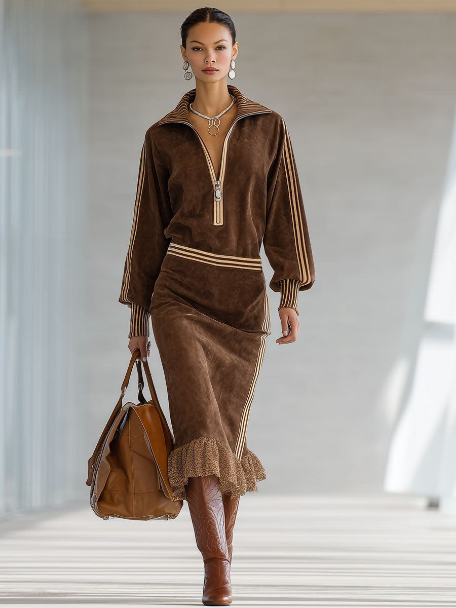 Color-blocked Faux Suede Half-zip Lace-trimmed Midi Dress