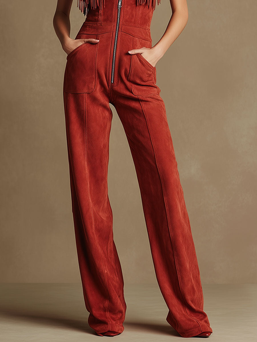 Western-style Retro Embroidered Tassel Red Faux Suede Sleeveless Jumpsuit