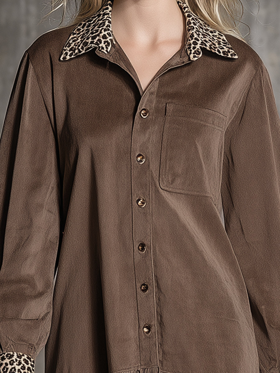 Western-style Faux Suede Brown And Leopard Print Patchwork With Tassels Mini Shirt Dress
