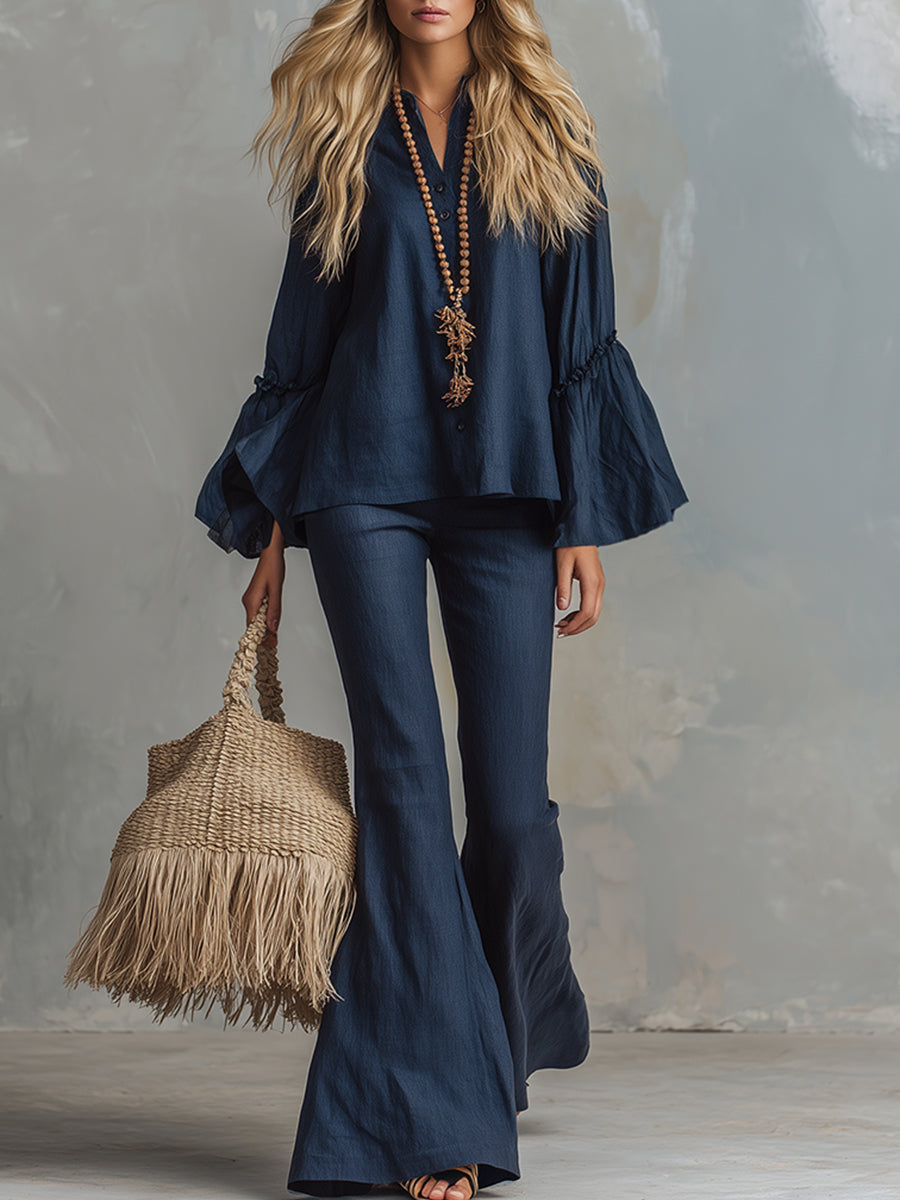 Elegant Navy Blue Cotton And Linen Flared-sleeve Shirt And Flared Pants Set