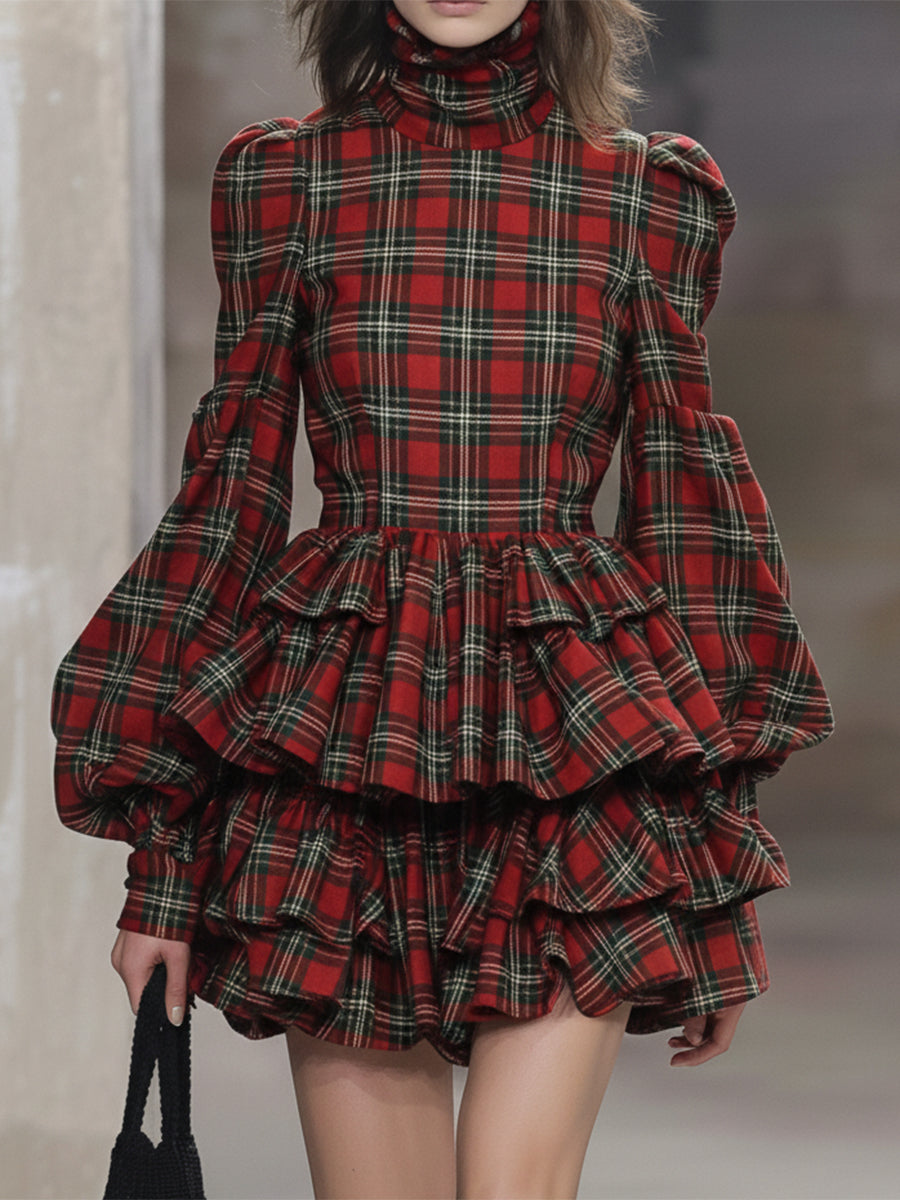 Western-style High-neck Red Plaid Ruffled Mini Dress