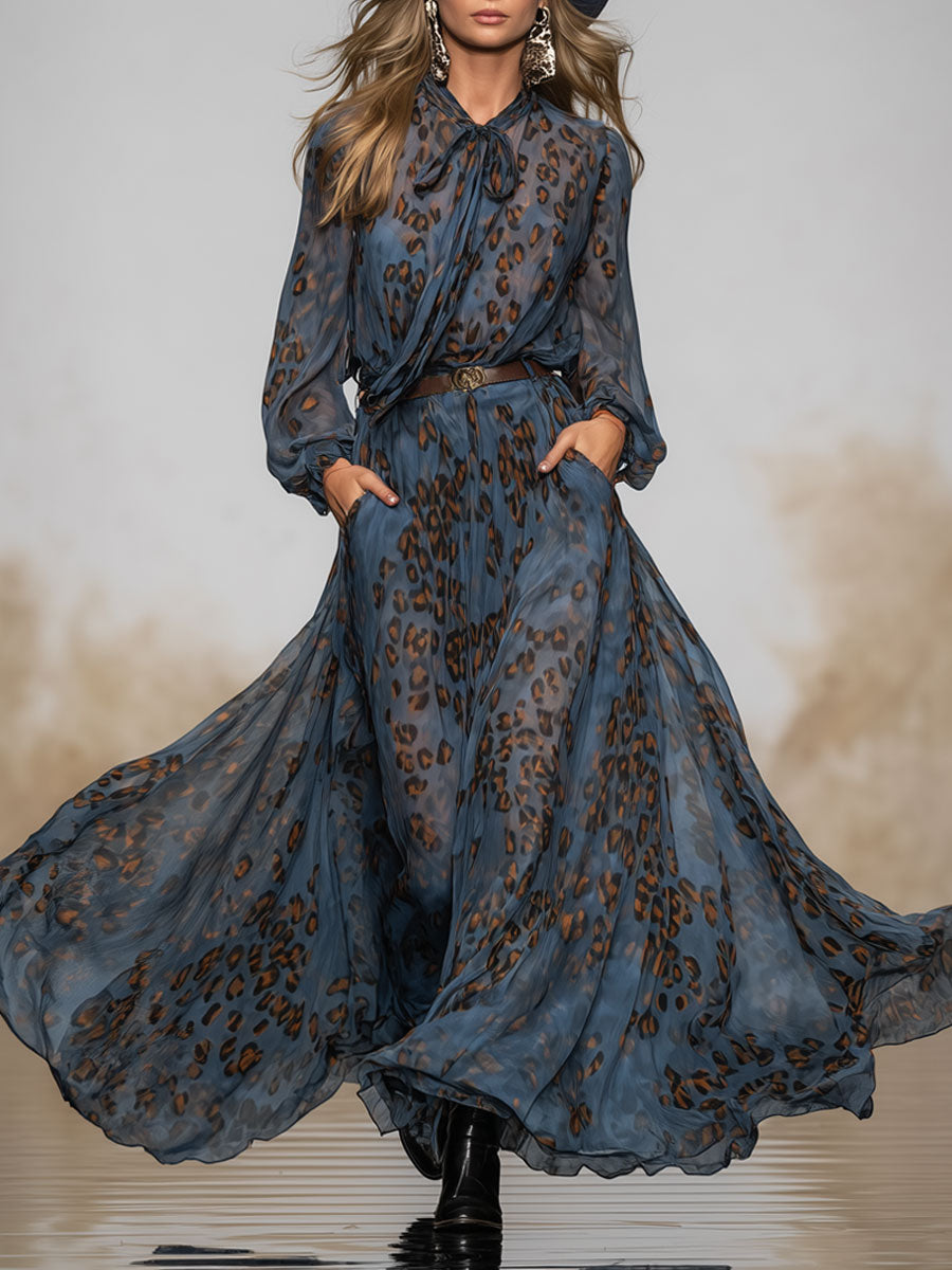 Fashionable Retro Long-sleeved Leopard Print Dark Blue Chiffon Maxi Dress