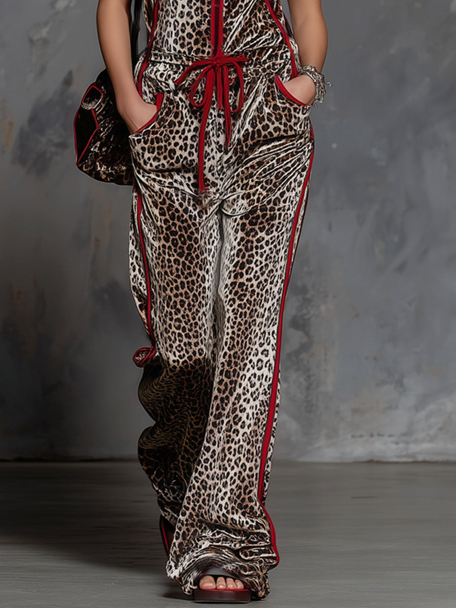 Leopard Print Contrasting Trim Hooded Sleeveless Jumpsuit