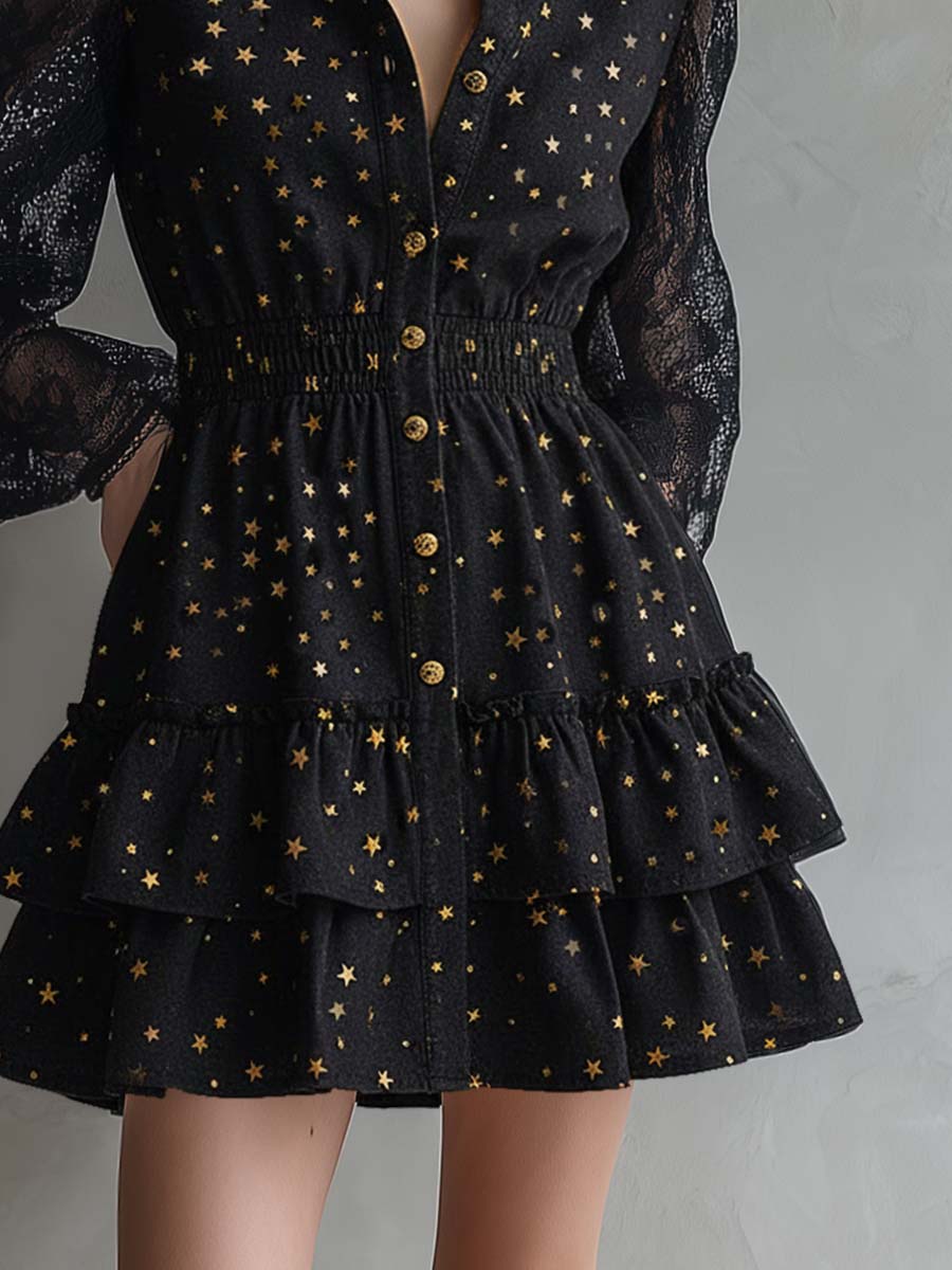 Elegant Vintage Ruffled Hem Lace Long Sleeves Gold Star Pattern Black Denim Mini Dress