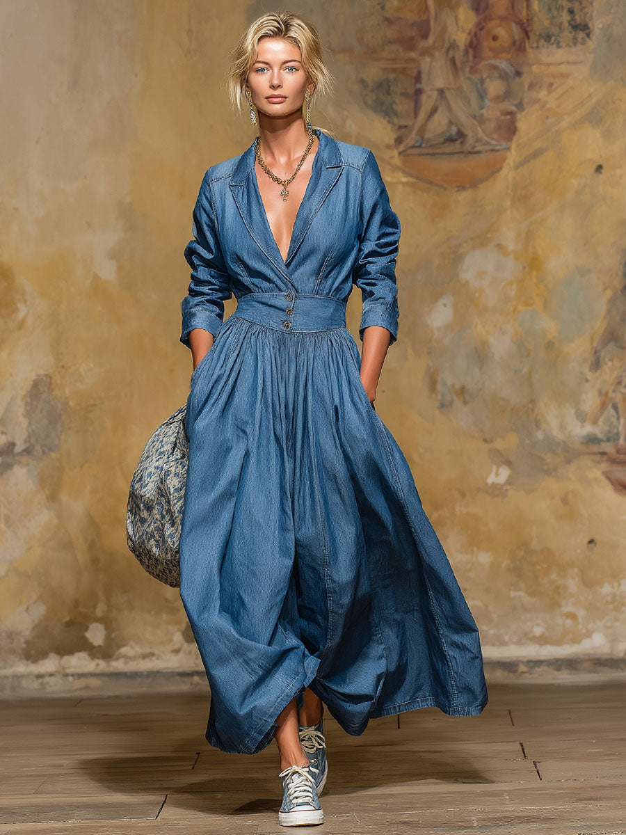 Retro Style Lapel Collar Double Pocket Button-up Long-sleeved Maxi Dress