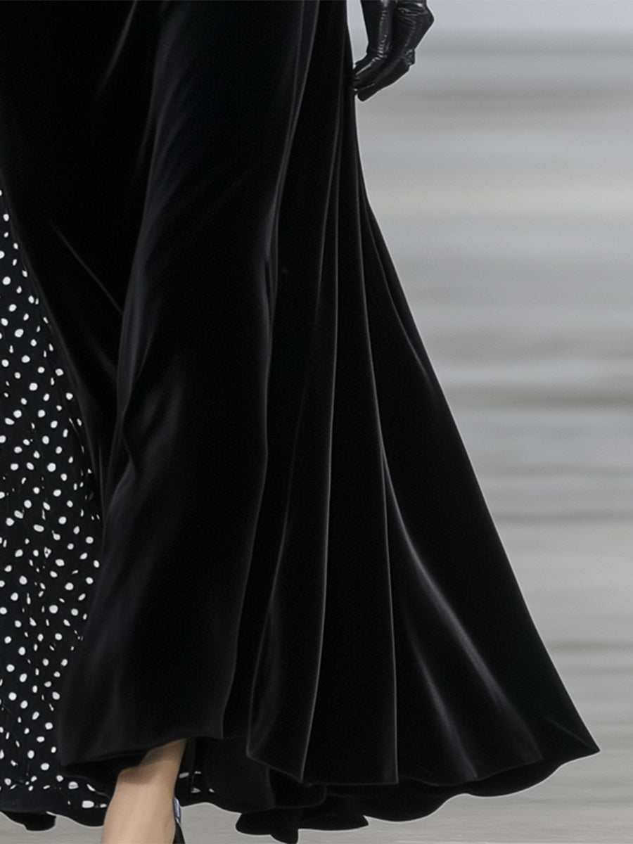 Elegant Black Velvet Patchwork Polka Dot Maxi Dress