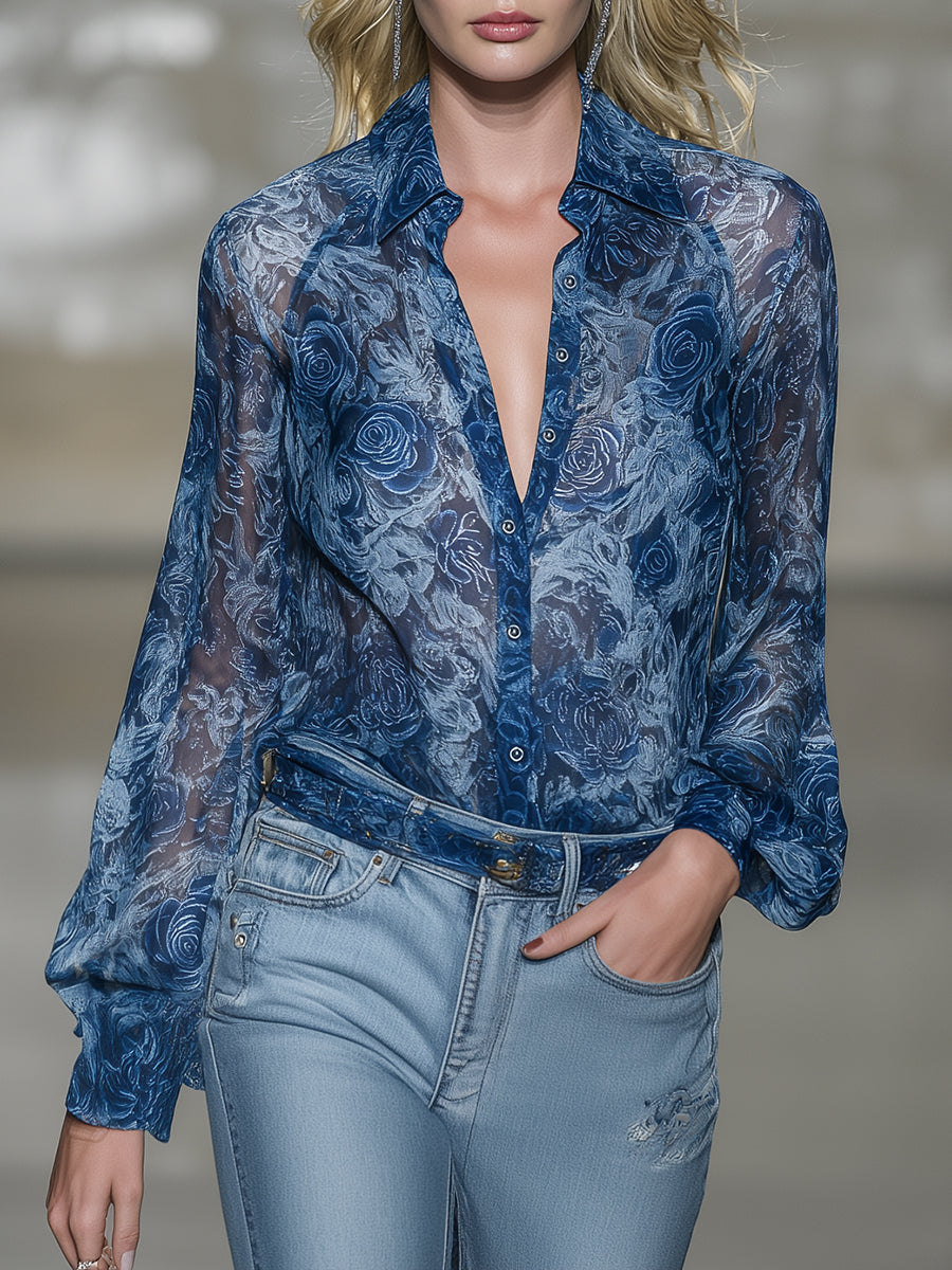 Fashionable Blue Chiffon Rose Textured Shirt