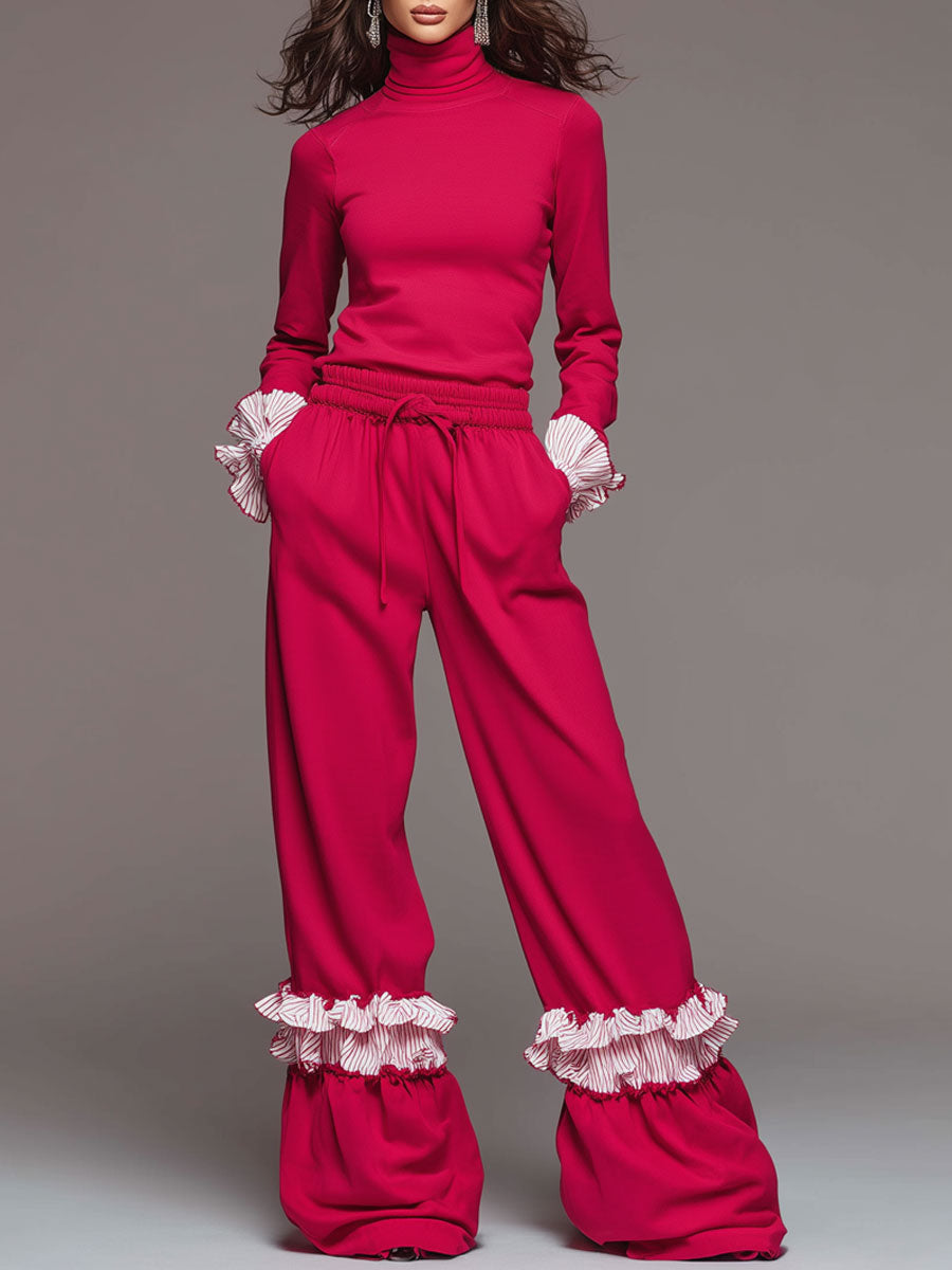Fashionable Sporty Striped Ruffled Red Turtleneck Top And Wide-leg Pants Set