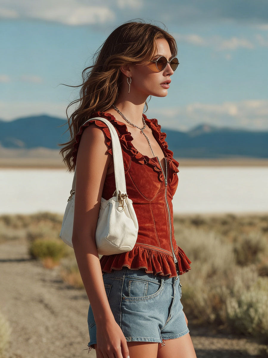 Bohemian Western Retro Red Faux Suede Ruffled Sleeveless Shirt