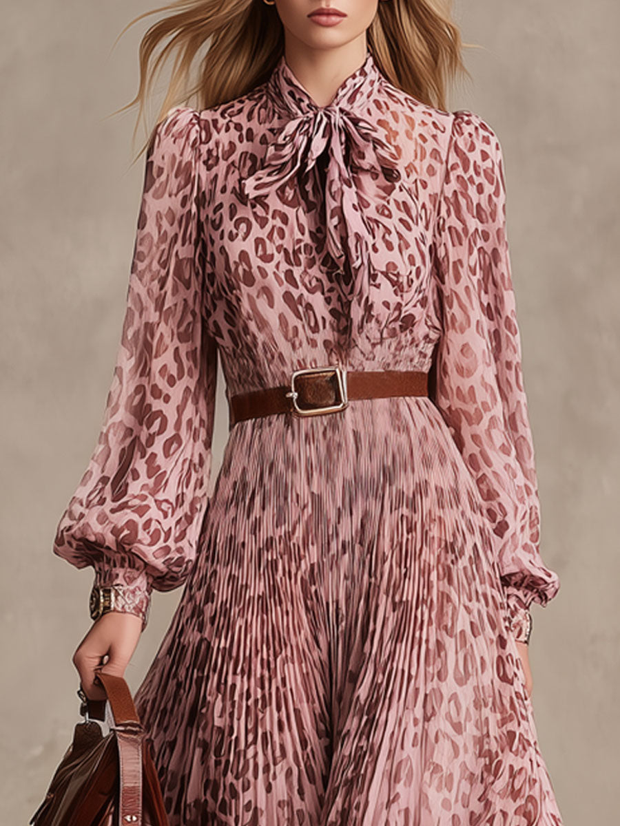 Fashionable Retro Leopard Print Pink Chiffon Pleated Long-sleeved Midi Dress
