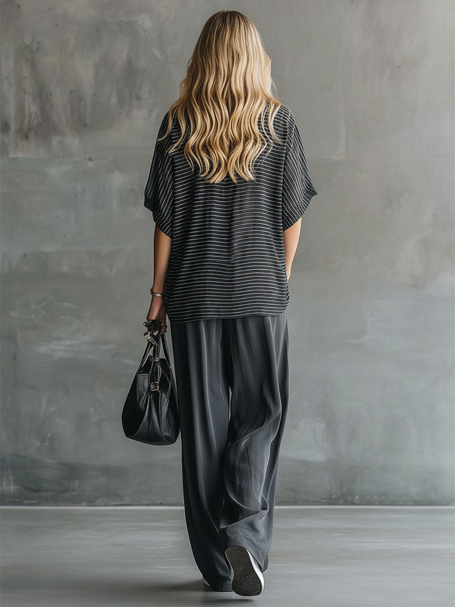 Stylish And Casual Black Short-sleeved Top And Gray Chiffon Pants Set