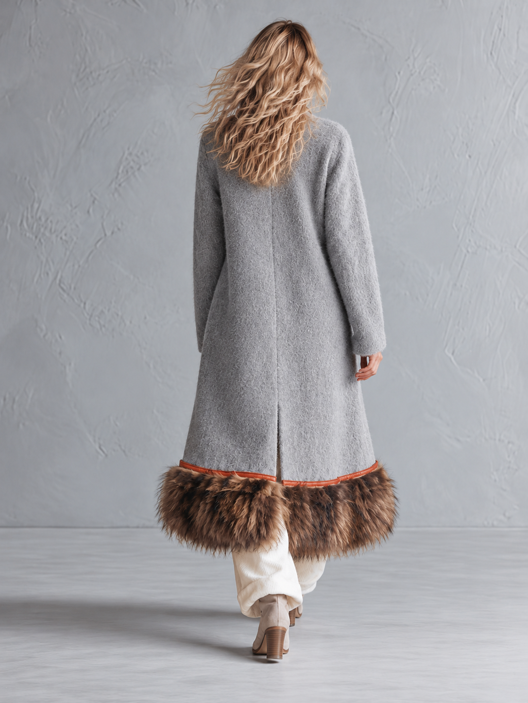 Chic Urban Faux-Fur Hem Grey Patchwork Leopard-Print Coat