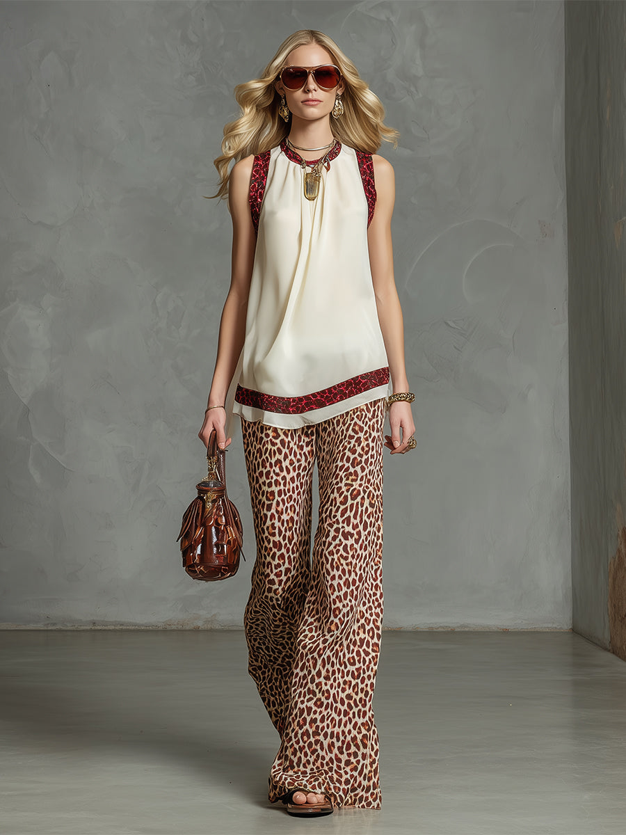 Stylish And Elegant Beige Chiffon Top And Leopard Print Trousers Set
